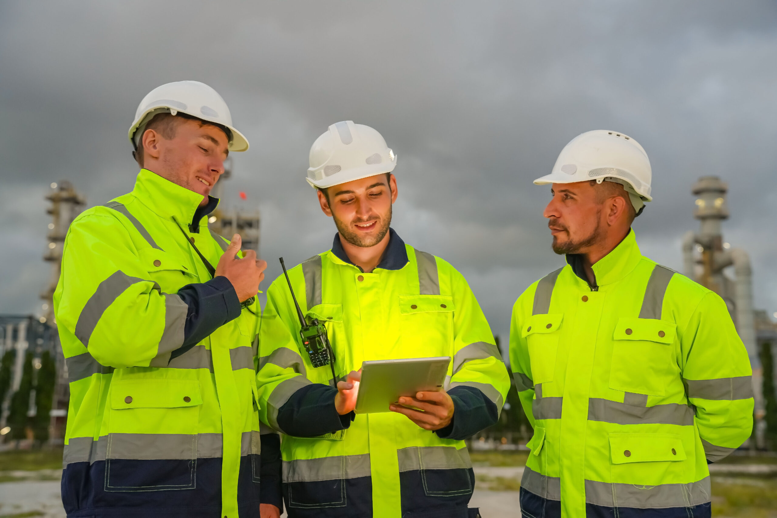 Refinery industry engineer are working and discussing at front oil and gas industrial factory,