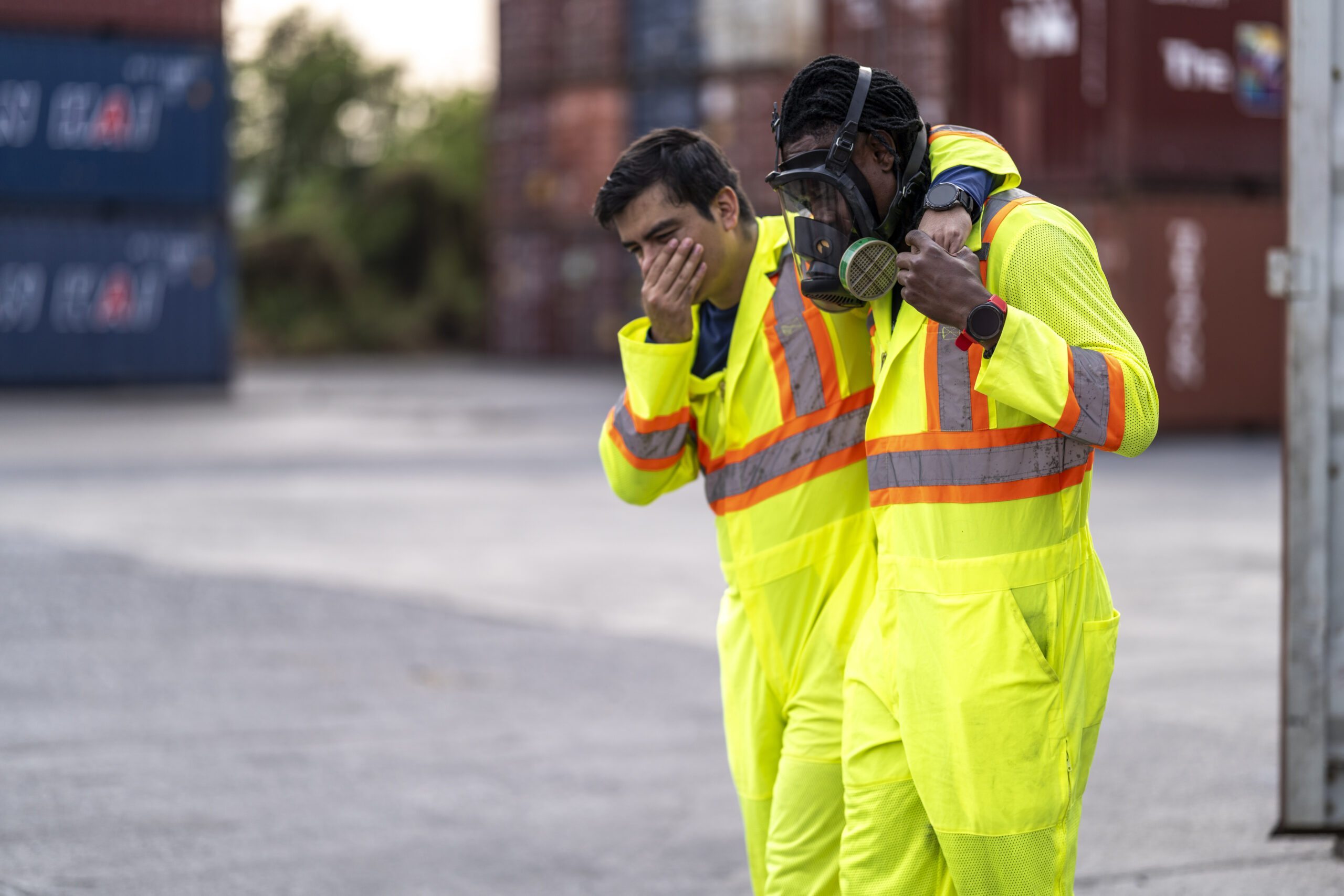 Two industrial workers in high-visibility suits assist each othe