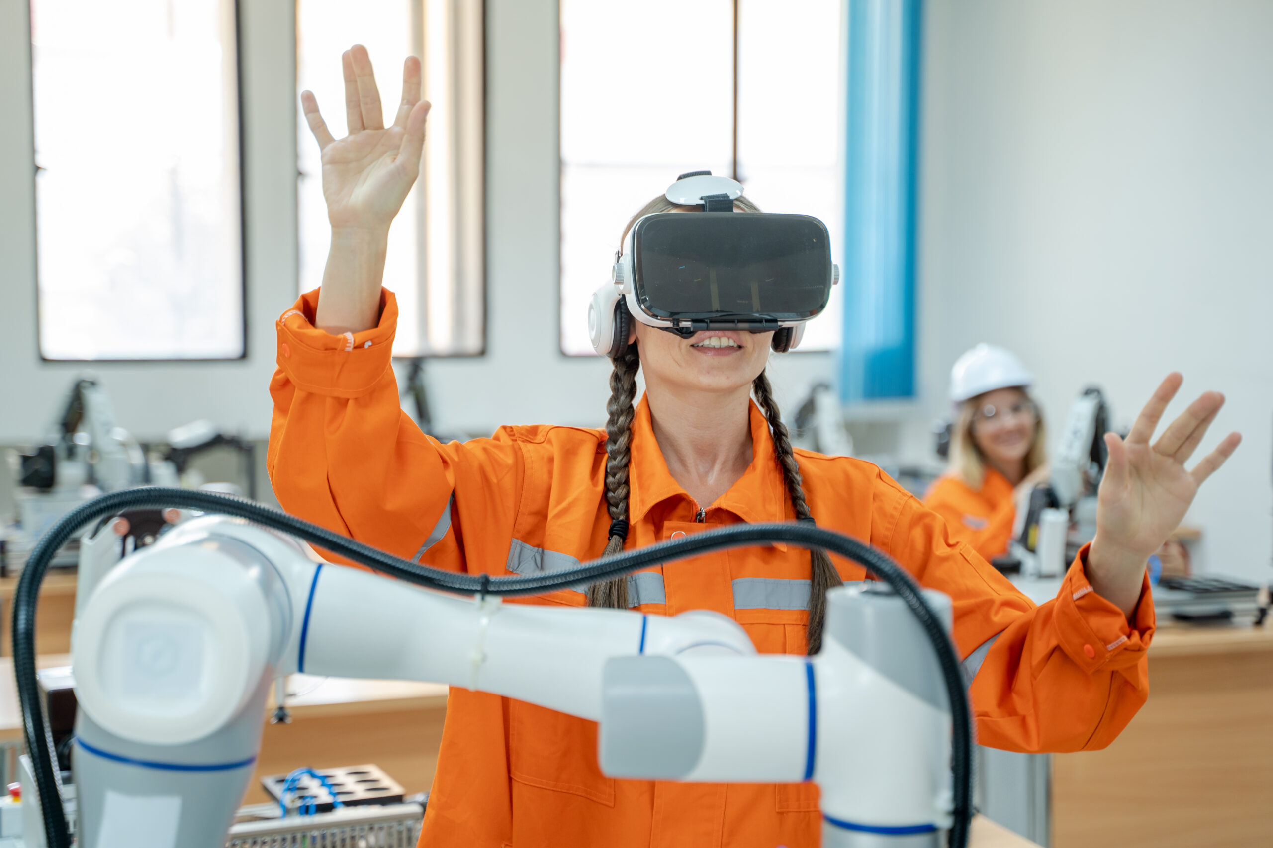 Engineer are using virtual AR to maintain of human robot and CNC